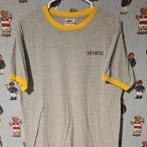 Vintage 90s Nike Ringer T Shirt Gray Yellow Mens Box Embroidered Logo Medium